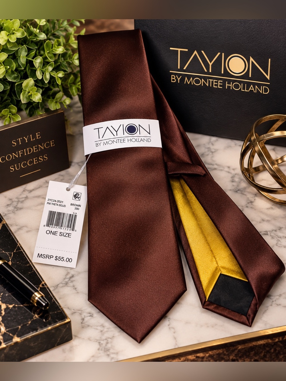 🤎 NWT Tayion by Montee Holland Brown Silk-Look Necktie – One Size – MSRP $55